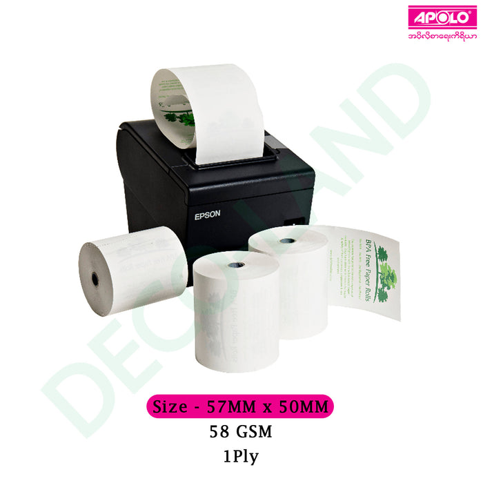 Thermal Paper Roll 58 GSM Apolo (57MMx50MM) (80MMx80MM) Roll 1ply